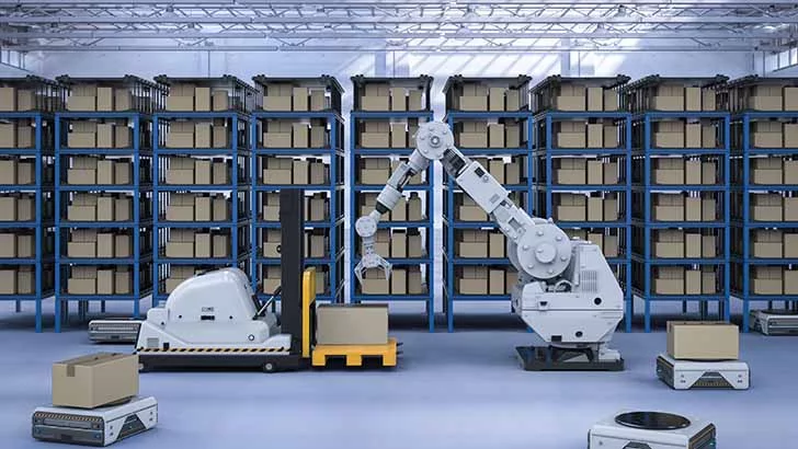 Modern European distributor warehouse with organized shelving and logistics equipment